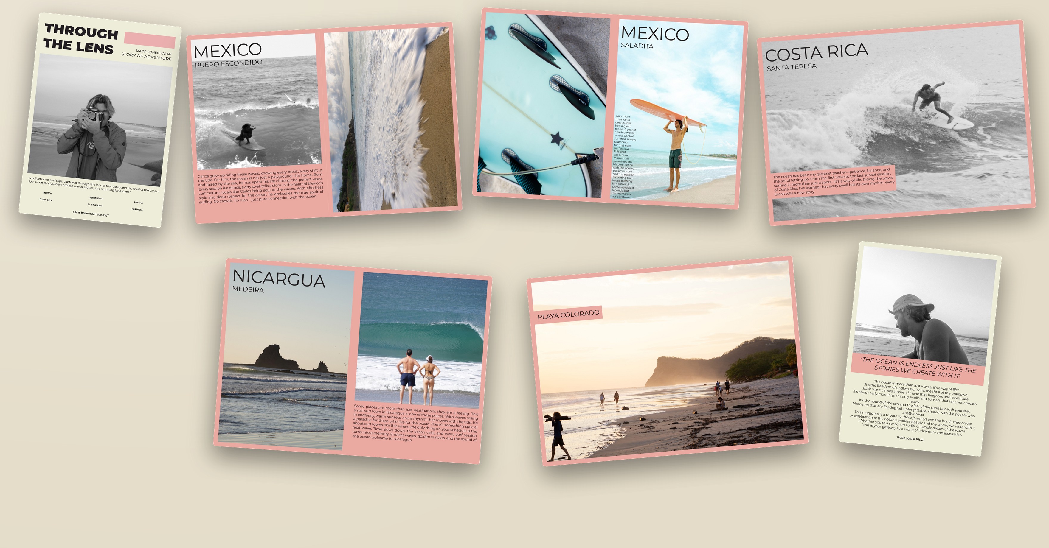 Overhead flat-lay mockup of the Through the Lens magazine spreads