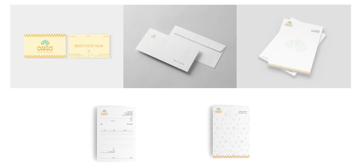 Ondo brand stationery: business cards, envelope, letterhead, and invoice pad