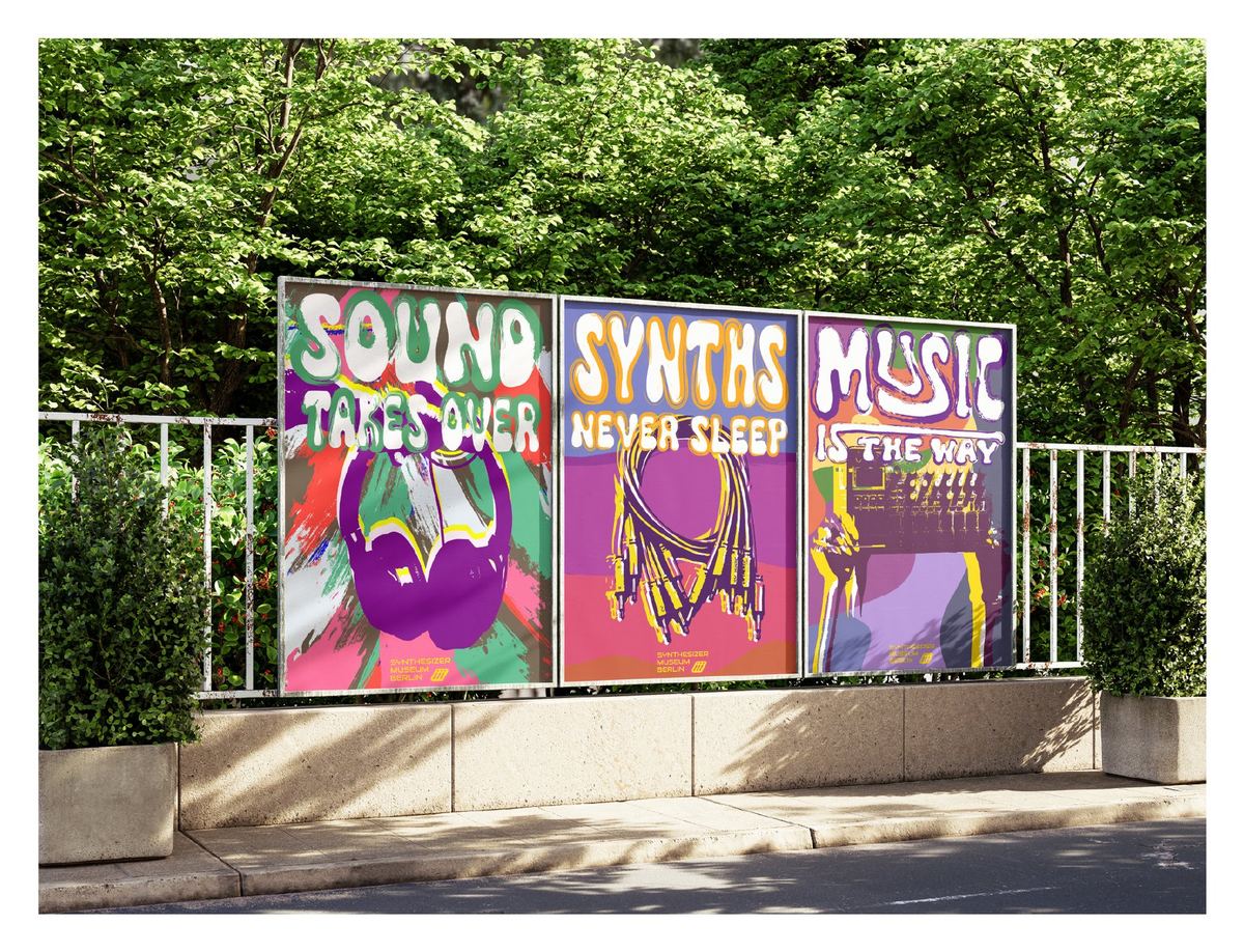 Synthesizer Museum street poster series: Sound Takes Over, Synths Never Sleep, Music Is The Way