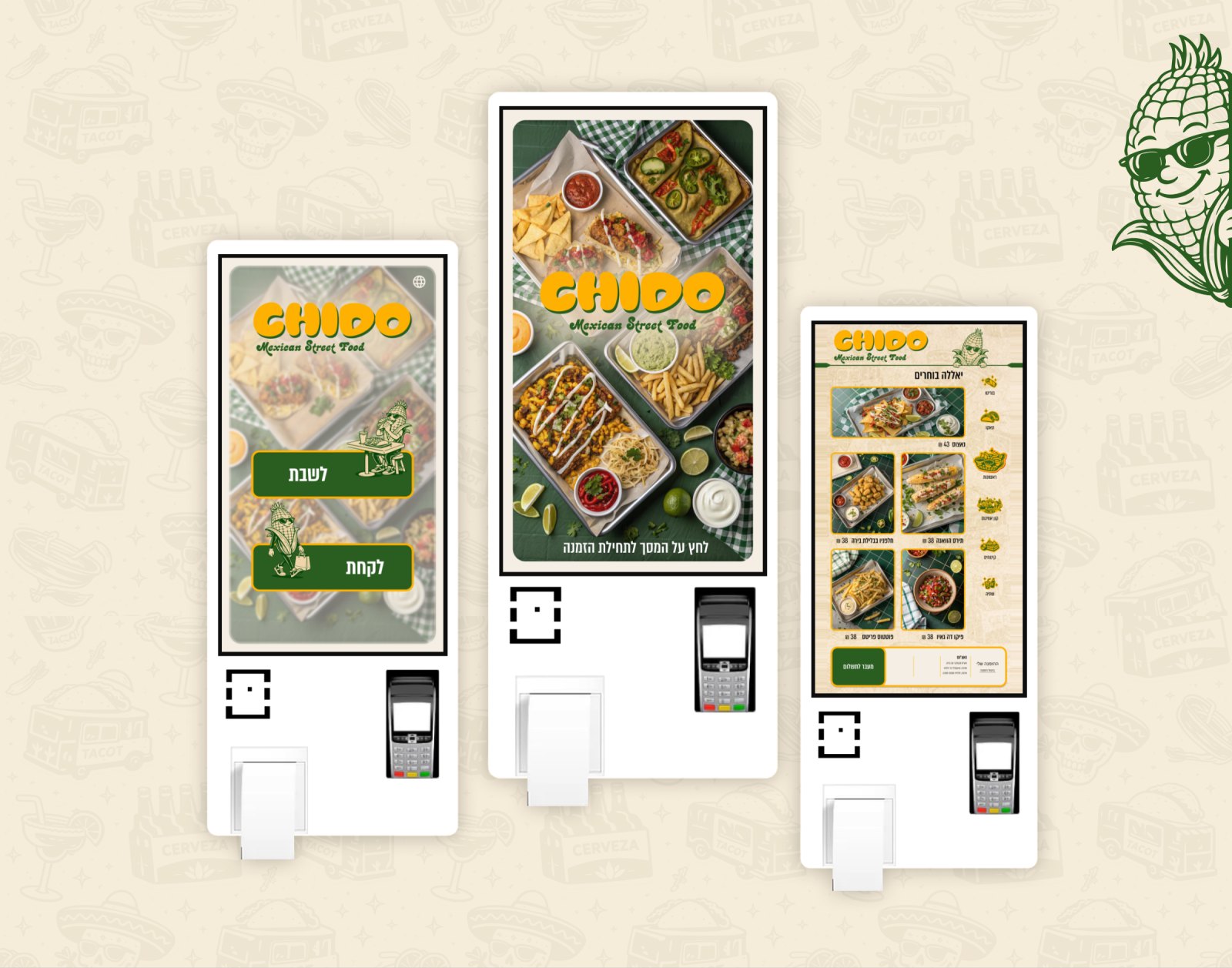 Chido ordering flow shown on three self-order kiosks