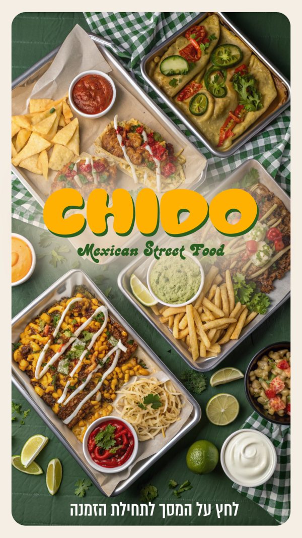 Chido kiosk welcome screen with the logo over a table of street food, prompting the guest to tap to start