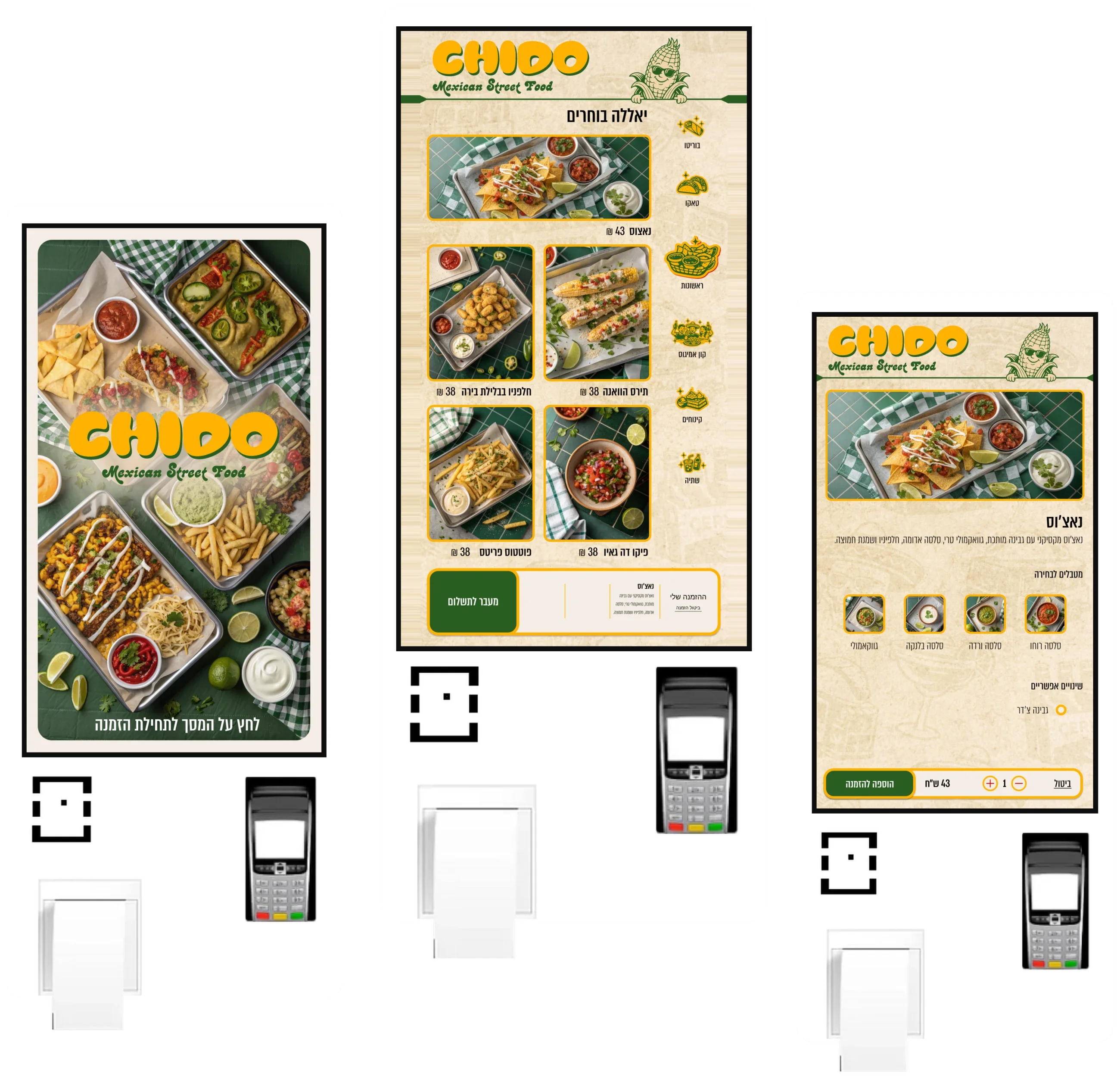 Chido ordering flow shown on three self-order kiosks: welcome, menu, and dish page