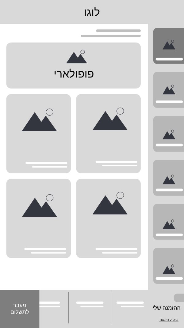 Grayscale wireframe of the menu screen with a featured card, a grid, and a category rail