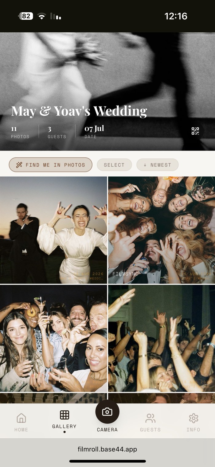 FilmRoll shared gallery, a grid of guest photos from the wedding