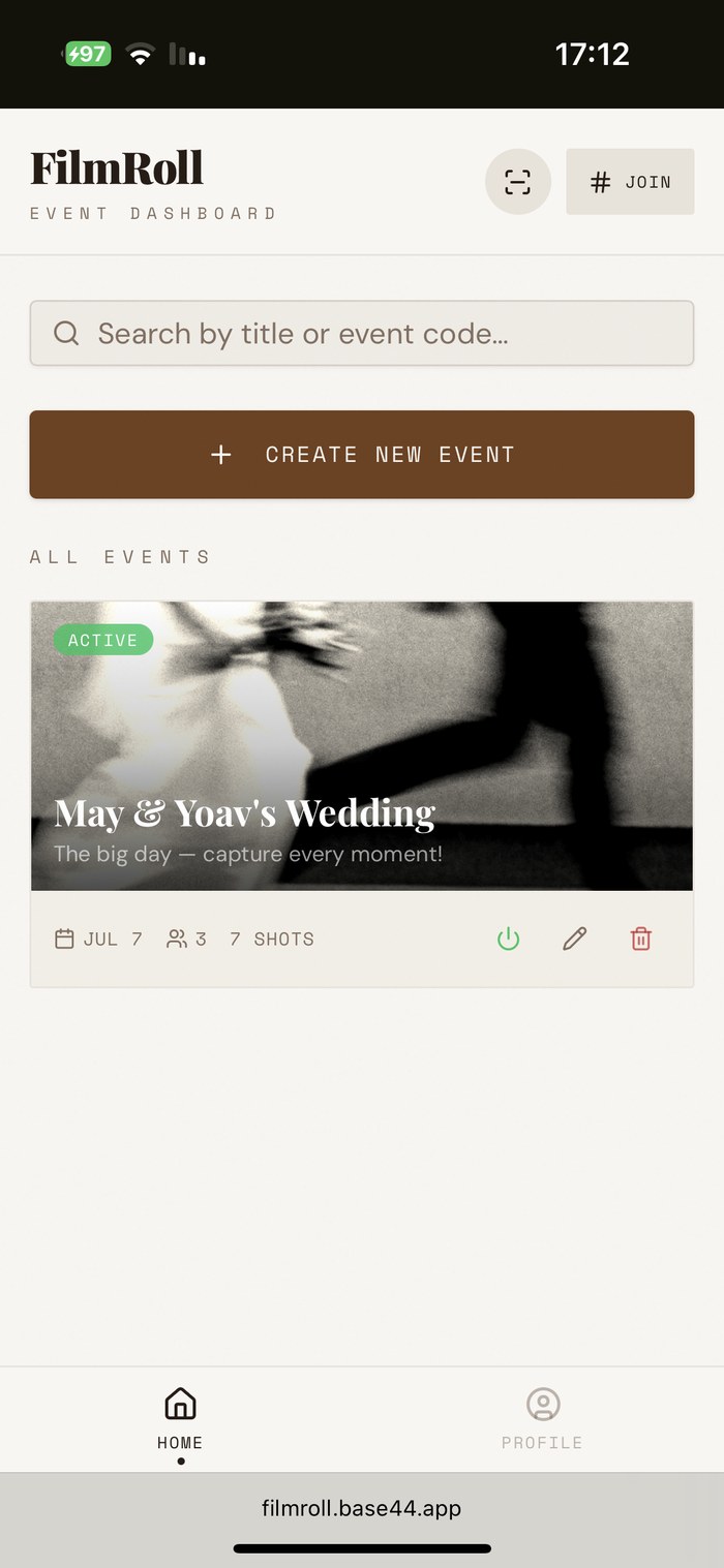 FilmRoll event dashboard, showing the May & Yoav's Wedding event card