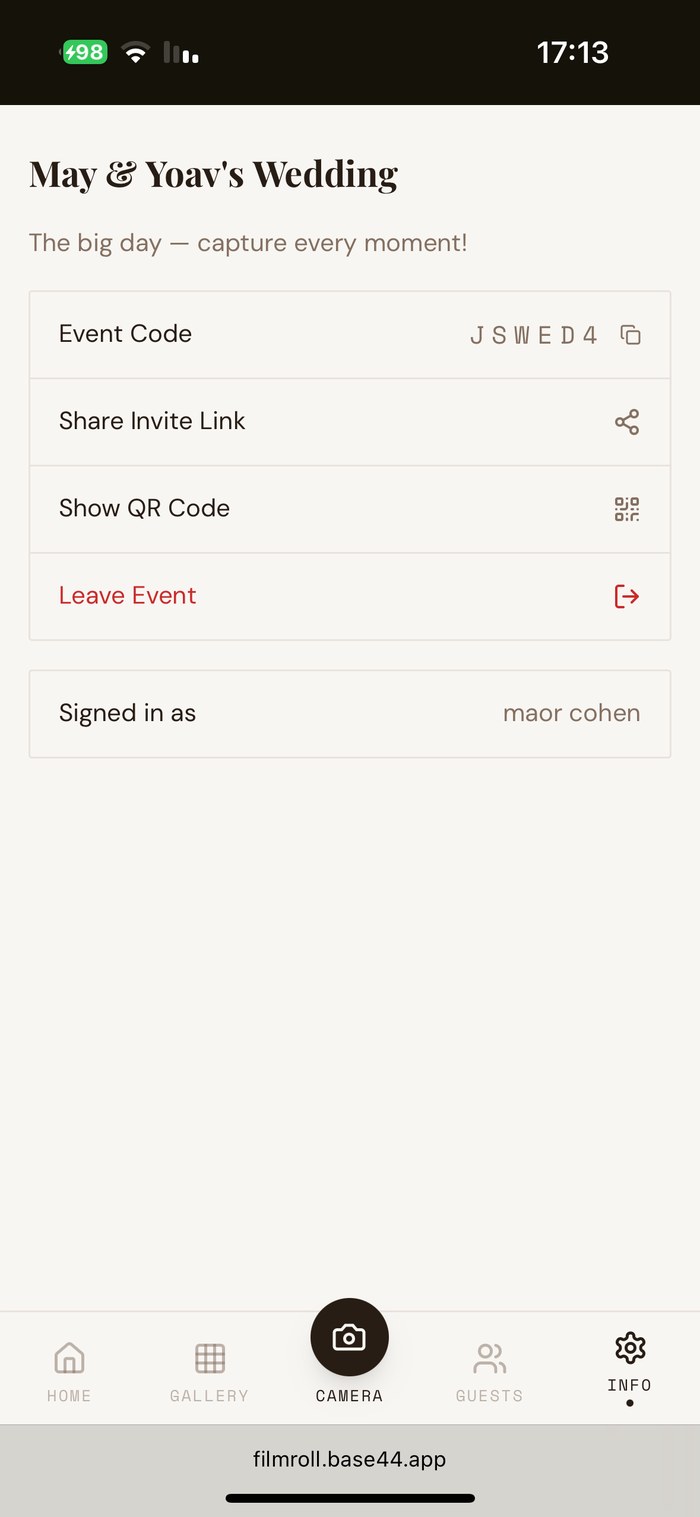 FilmRoll event info screen with the event code, share link, and QR access