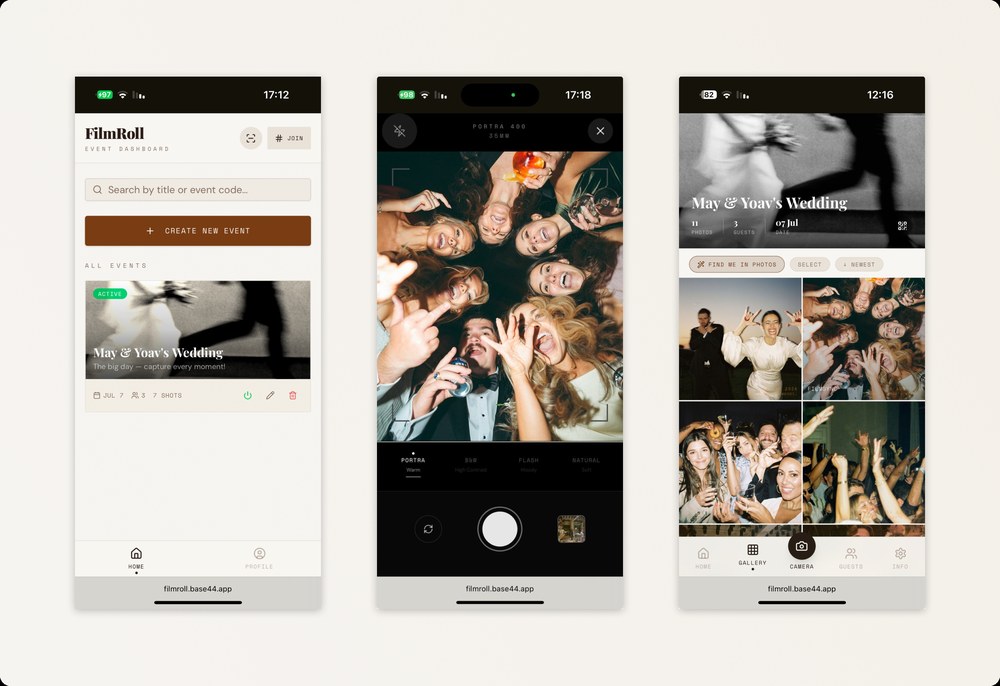 FilmRoll shown across three iPhone screens: dashboard, camera, and gallery