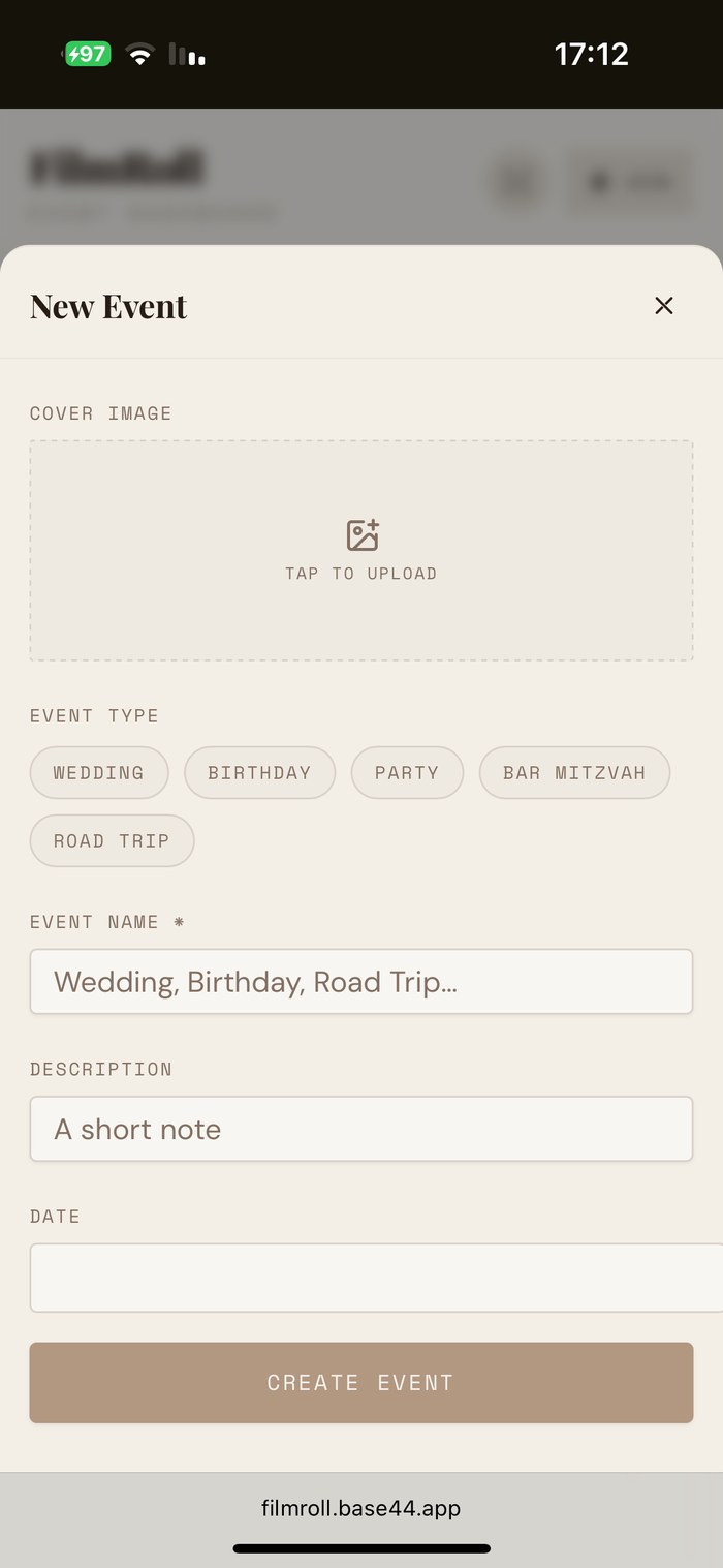 FilmRoll new event form, choosing an event type and cover image