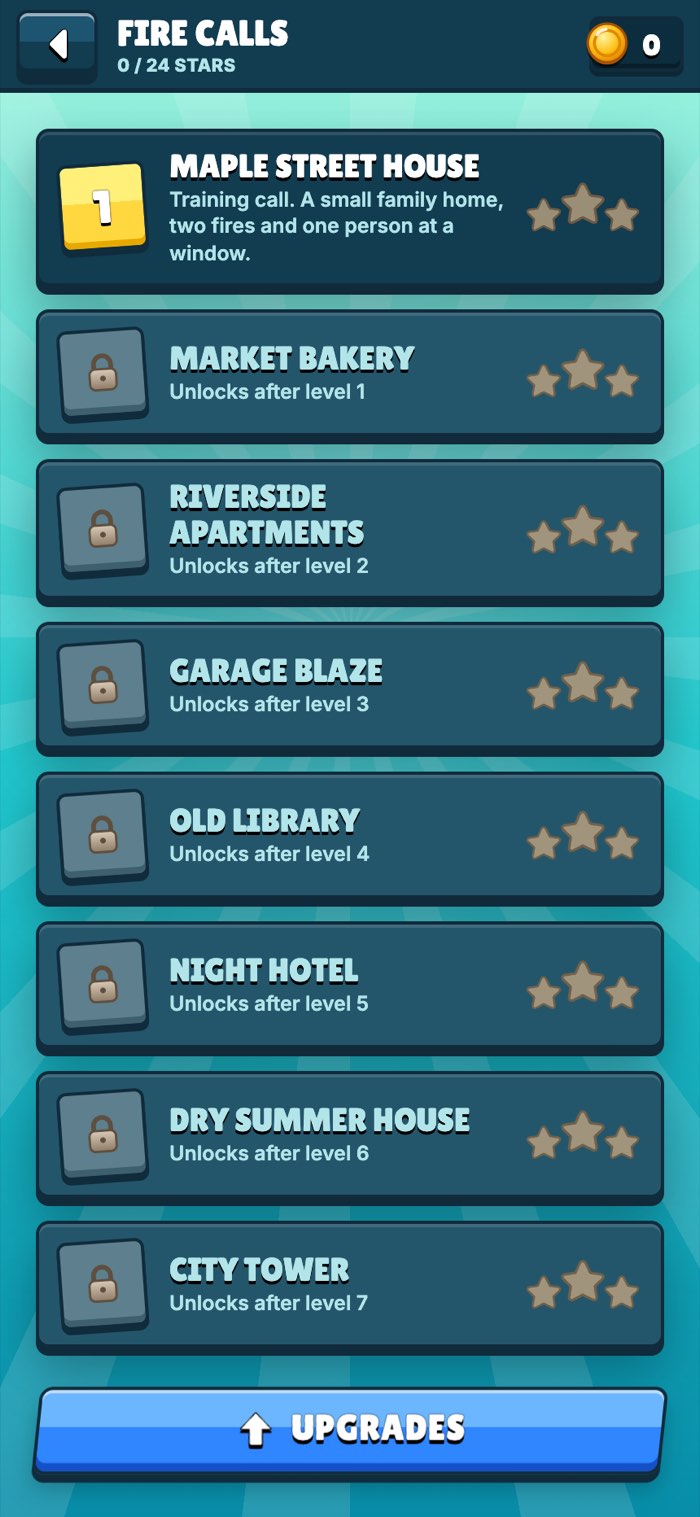 Fireline fire calls list: eight levels that unlock one after another, each rated out of three stars