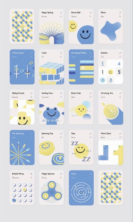 Grid of playful mini game reference cards used as design inspiration for Pazi