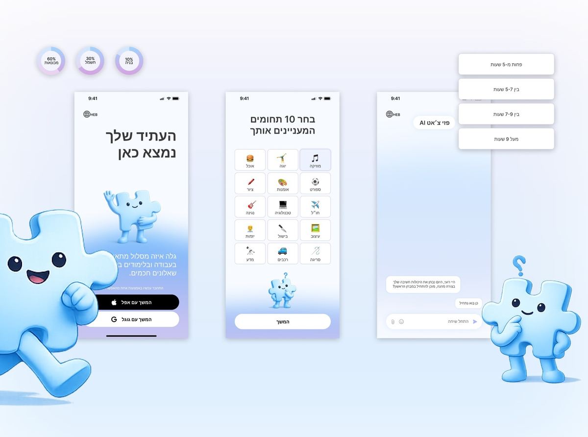 Pazi shown across three onboarding screens: sign in, interest diagnostic, and AI chat