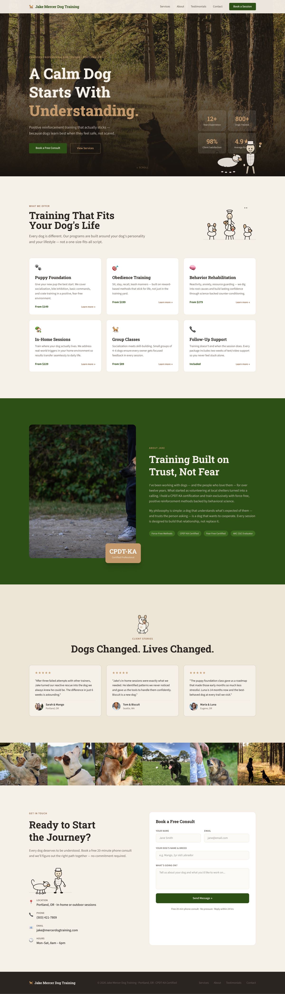 The original English dog trainer landing page, dark green and serious