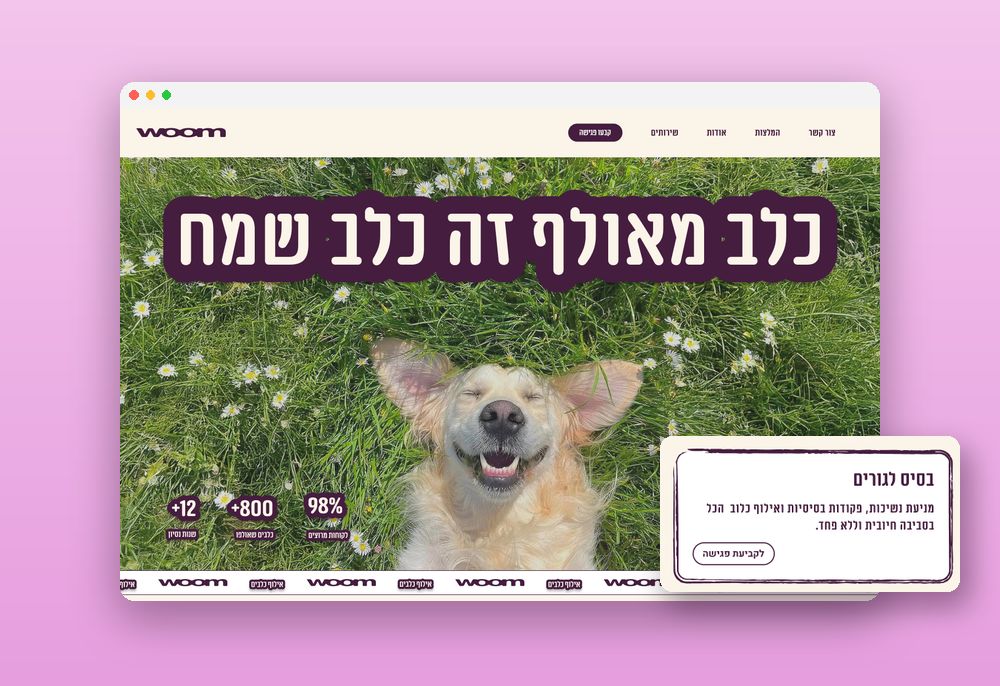 Woom dog training landing page in a browser frame, with a happy golden retriever in the grass